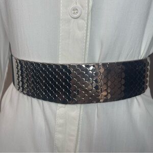 Silver tone metallic fish scale elastic waistband skinny belt